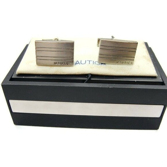 Nautica Rectangular Cufflinks Silver Tone Tux Shirt Dress Suit Vintage IOB - Picture 6 of 9